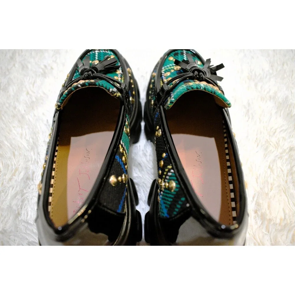 Betsey Johnson Aleah Green Plaid Studded Tassel (3163) Loafers - Women's 6.5